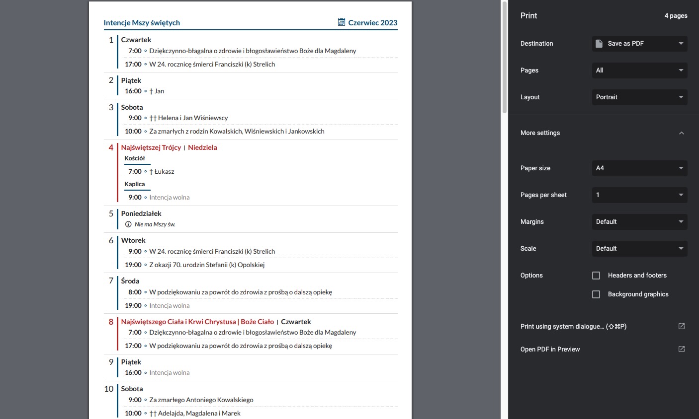 Drukowanie intencji Mszy świętych