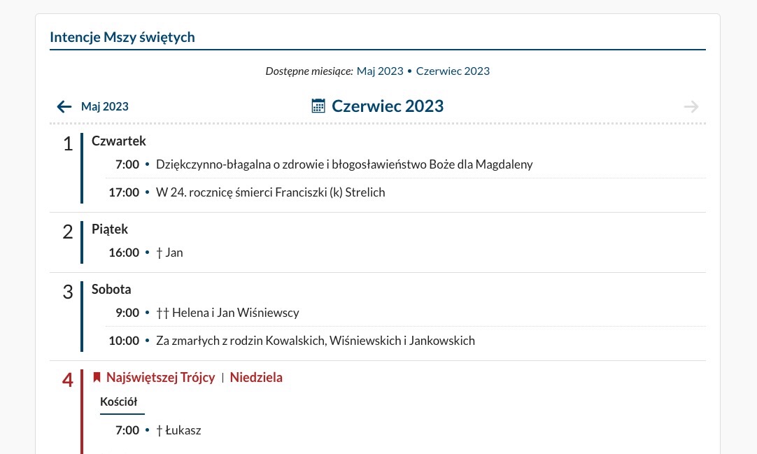 Kalendarz Mszy świętych