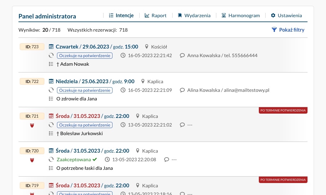 Panel administratora Elektronicznej Księgi Intencji